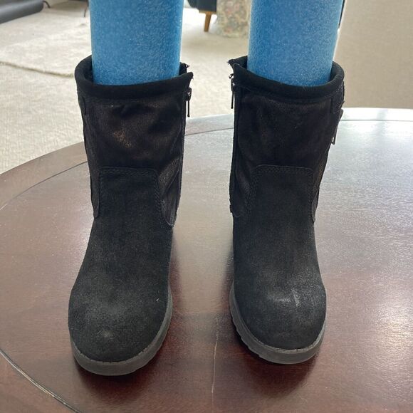 Naturalizer Suede Leather Boots 7.5 Black Faux Fur Lining Round Toe Double Zip - Picture 3 of 11